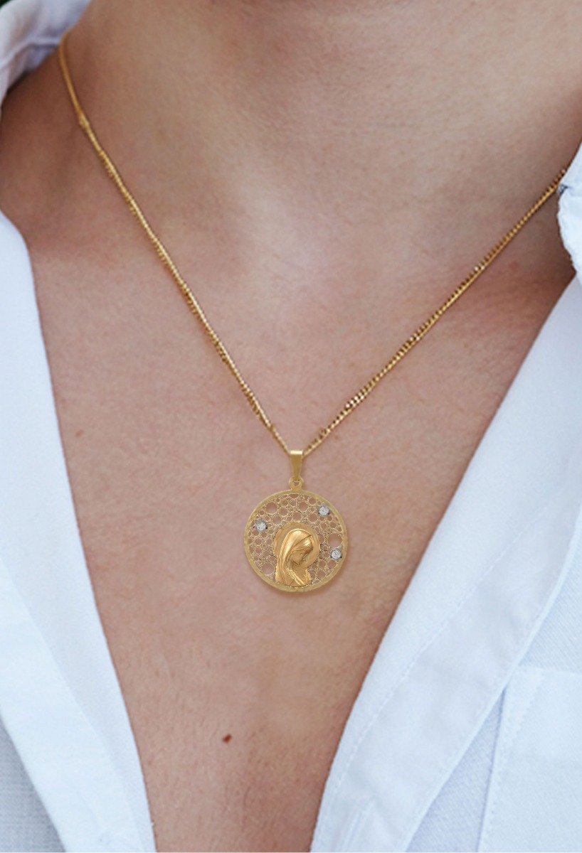 Medalla religiosa oro 18 ktes Virgen Niña 243_000-05976 medalla oro 18 ktes virgen niña calado circulos vista modelo
