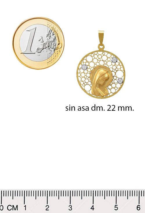 Medalla religiosa oro 18 ktes Virgen Niña 243_000-05976 medalla oro 18 ktes virgen niña calado circulos vista medidas