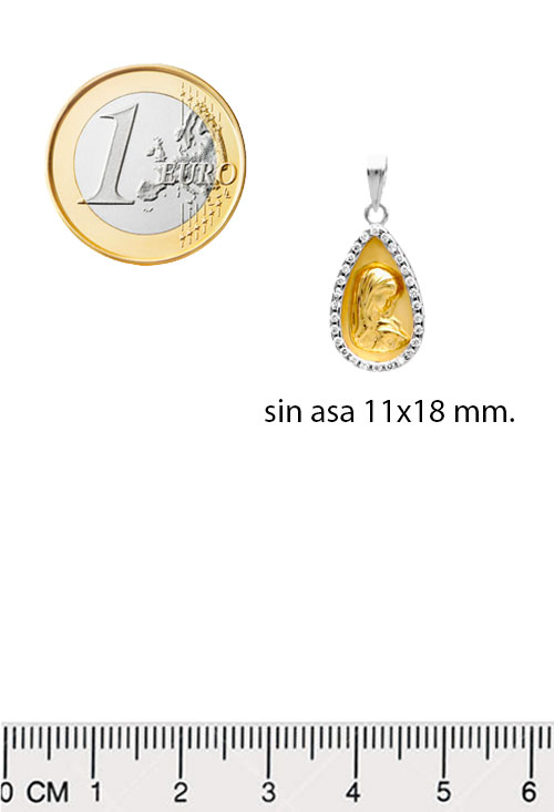Medalla oro, Virgen Niña en oro bicolor con orla de circonitas M4330 vista con medidas