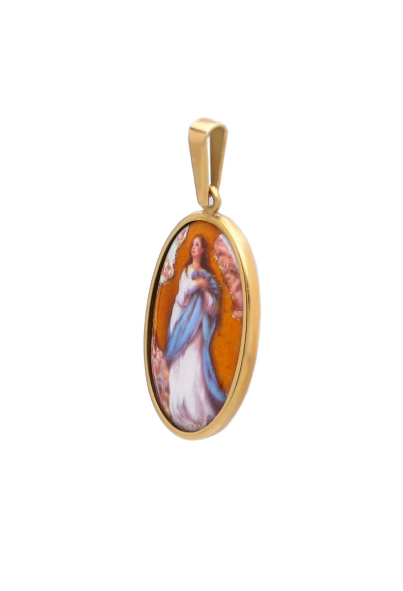 Medalla religiosa oro y esmalte Virgen Purisima 053_8018-9 medalla oro amarillo 18k y esmalte a fuego virgen purisima foto lateral para web