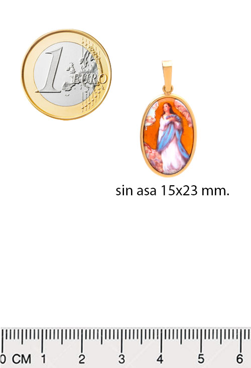 Medalla religiosa oro y esmalte Virgen Purisima 053_8018-9 medalla oro amarillo 18k y esmalte a fuego virgen purisima foto con medidas para web