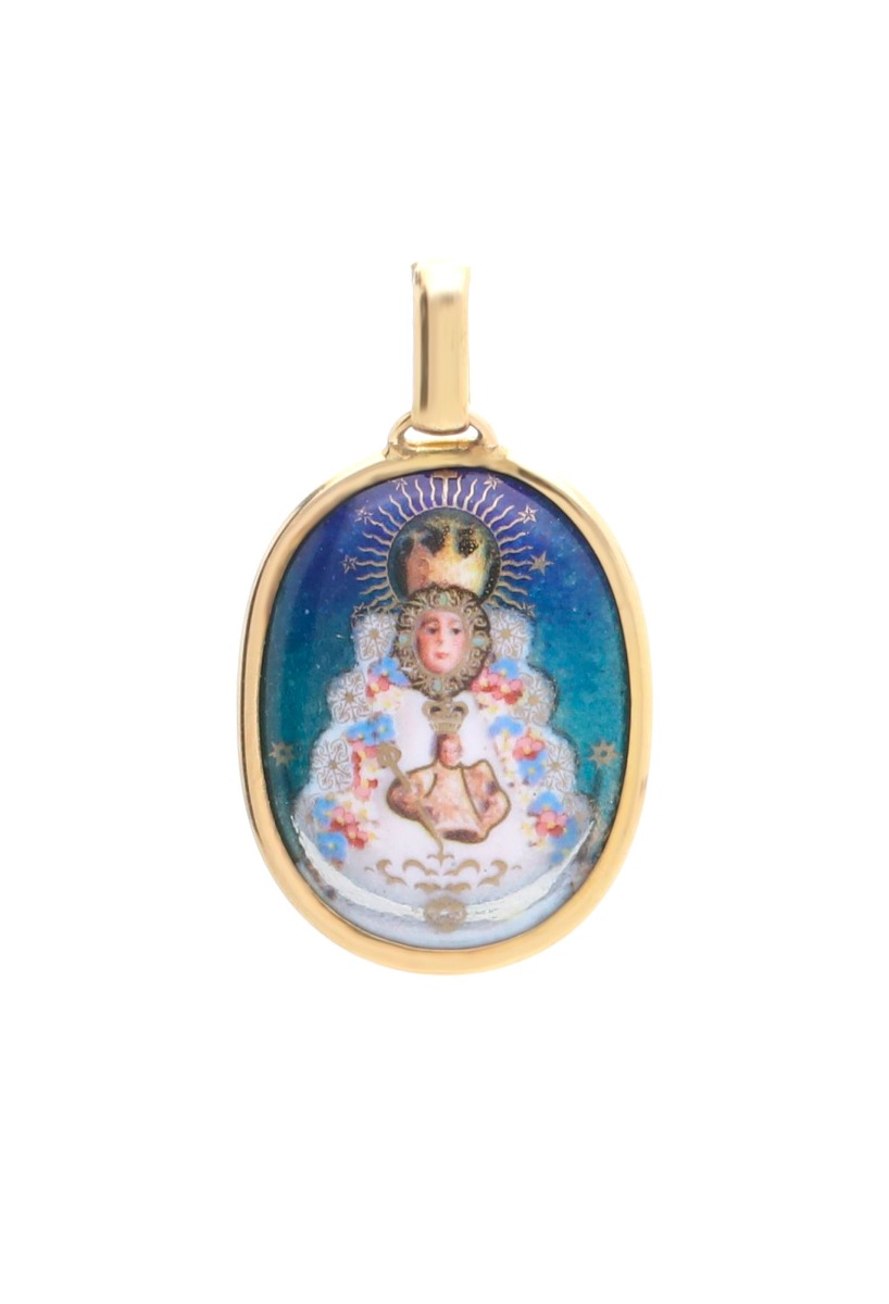 medalla oro amarillo 18 kilates virgen del rocio esmaltada vista frontal 053_55-3