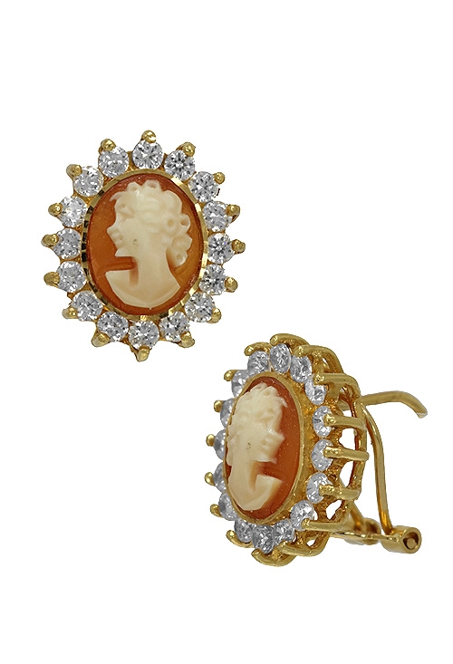 Pendientes oro amarillo 18 ktes y camafeo. 005_14-346 pendien tes oro amarillo 18 kilates circonita y camafeo precio muy barato vista cierre 005_14-346_01