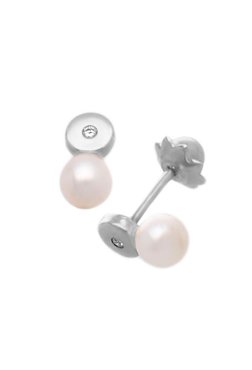 pendientes bebe perla cultivada y brillantes vista frontal y lateral
