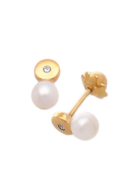 Pendiestes tipo dormilona con perla cultivada y diamante talla brillante en chaton de oro amarillo de ley de 18 kilates y sistema de tuerca en joyeria online al precio mas barato internet perfil