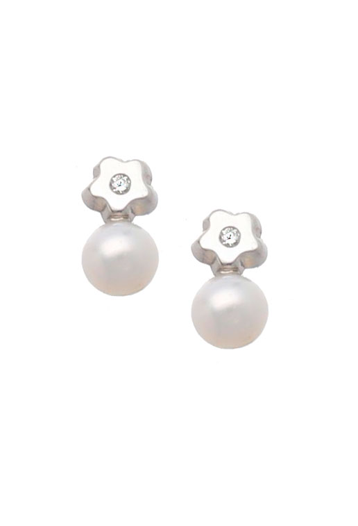 Pendientes oro blanco 18k con perlas y diamantes para bebé 095_463372-FL-P-B pendientes de oro blanco para bebe con diamantes y perlas cultivadas foto frontal 095_463372-FL-P-B