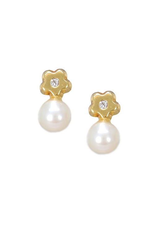 pendientes para bebe oro amarillo 18 kilates con perlas cultivadas y diamantes foto de frente 095_463372-FL-P