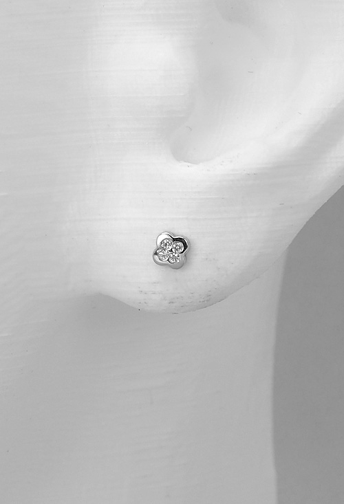 Pendiente de oro blanco de 18 kilates con forma de flor y circonitas con cierre de rosca en joyeria online al mejor y mas barato precio de internet peto