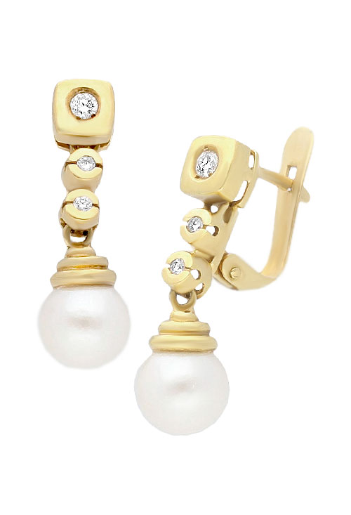 pendiente largo oro amarillo 18 kilates con perlas cultivadas y diamantes vista lateral 100_2784_01