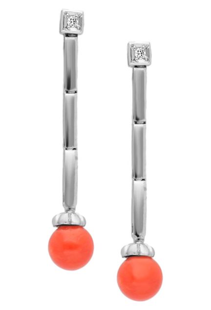 pendiente largo oro blanco 18 kilates con coral fino del mediterraneo y diamante foto frontal precio barato joyeria online