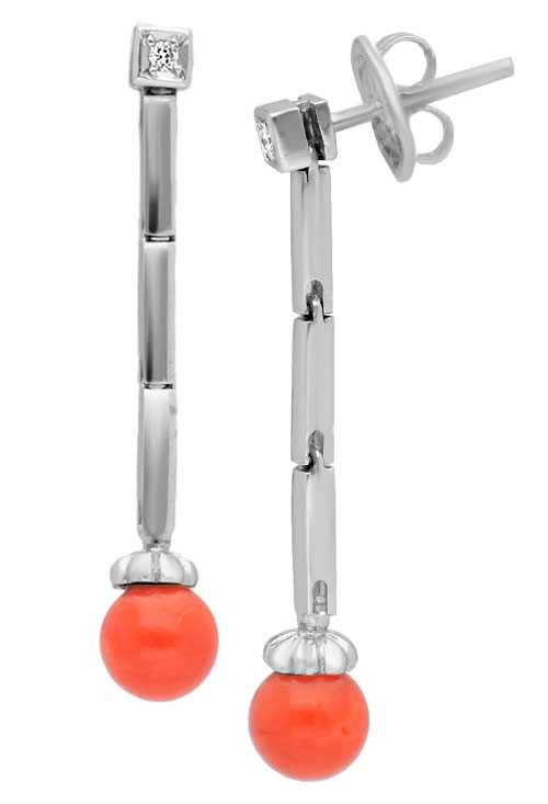 Pendientes largos oro blanco 18k coral y diamante 133_4805-P pendiente largo oro blanco 18 kilates con coral fino del mediterraneo y diamante foto lateral precio barato joyeria online
