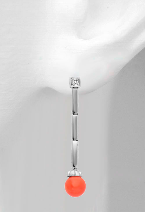 Pendientes largos oro blanco 18k coral y diamante 133_4805-P pendiente largo oro blanco 18 kilates con coral fino del mediterraneo y diamante foto modelo maniqui precio barato joyeria online