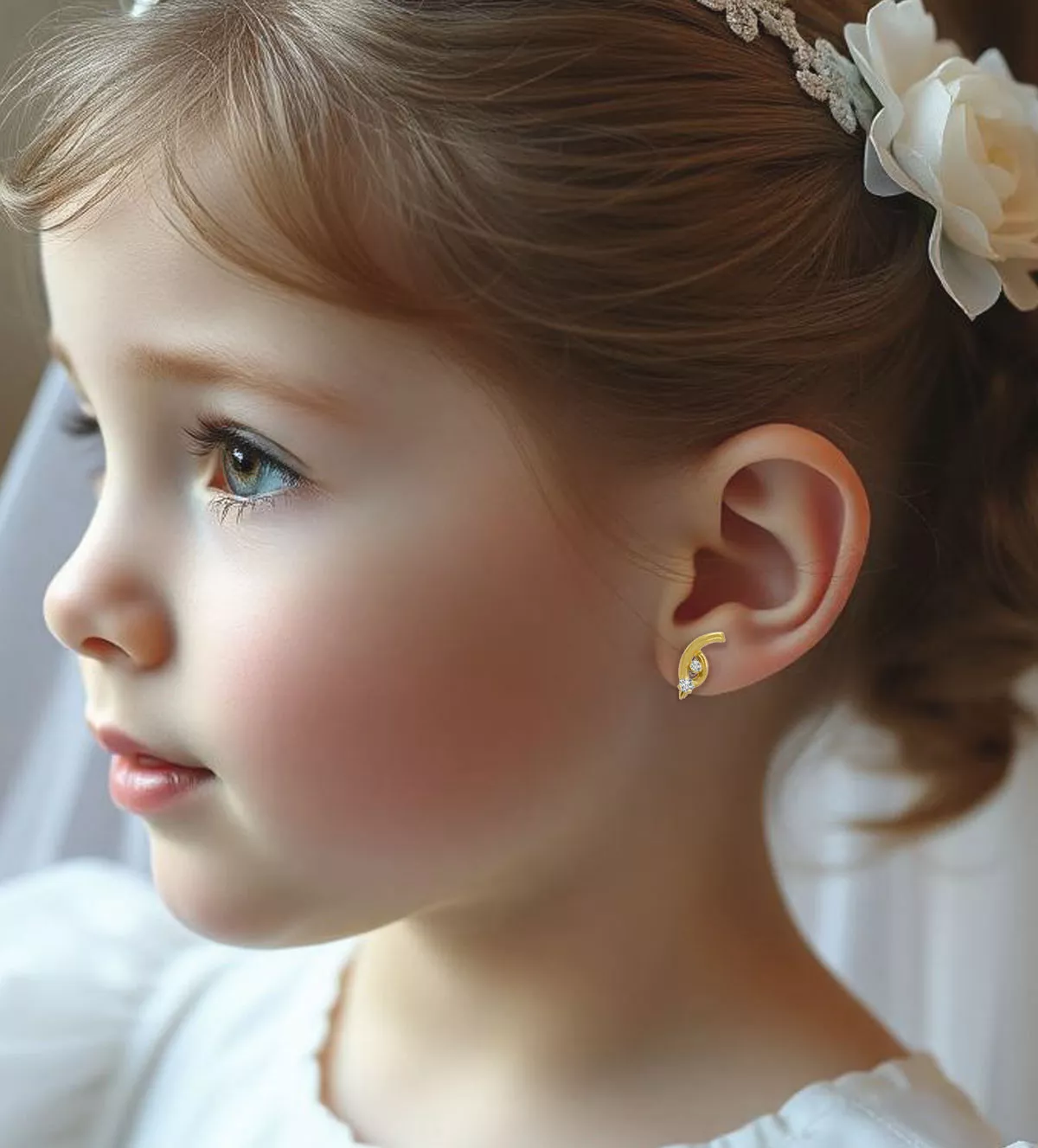 Pendientes de oro 18K para Comunión pendientes de oro 18k con circones para niña de primera comunion foto niña IA