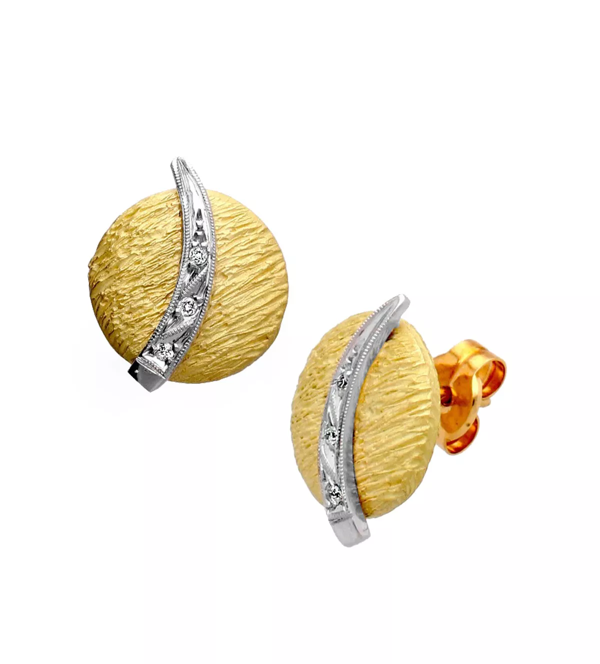 Pendientes de oro bicolor 18k "Bólidos" pendientes de oro bicolor 18k bolidos foto frontal y lateral