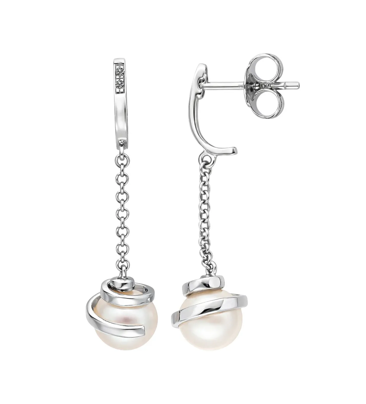 Pendientes de oro largos con perlas y diamantes 100_6588E pendientes de oro blanco 18k con diamantes naturales y perlas cultivadas 100_6588E