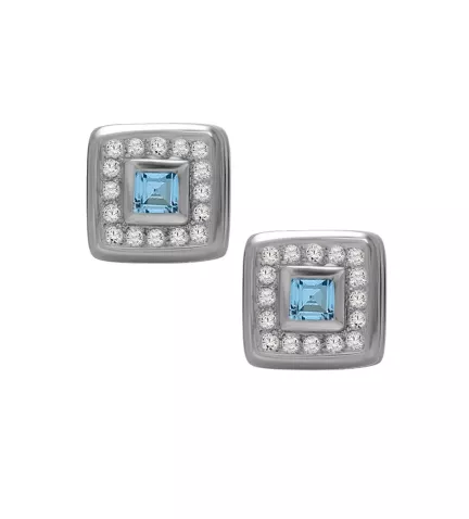 pendientes de oro blanco 18k con circones y topacio azul