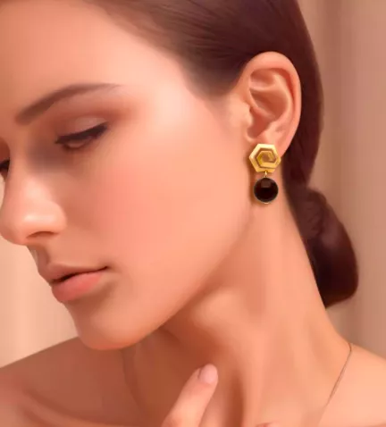 pendientes de oro amarillo y bolas ojo de tigre oscuro foto modelo femenino