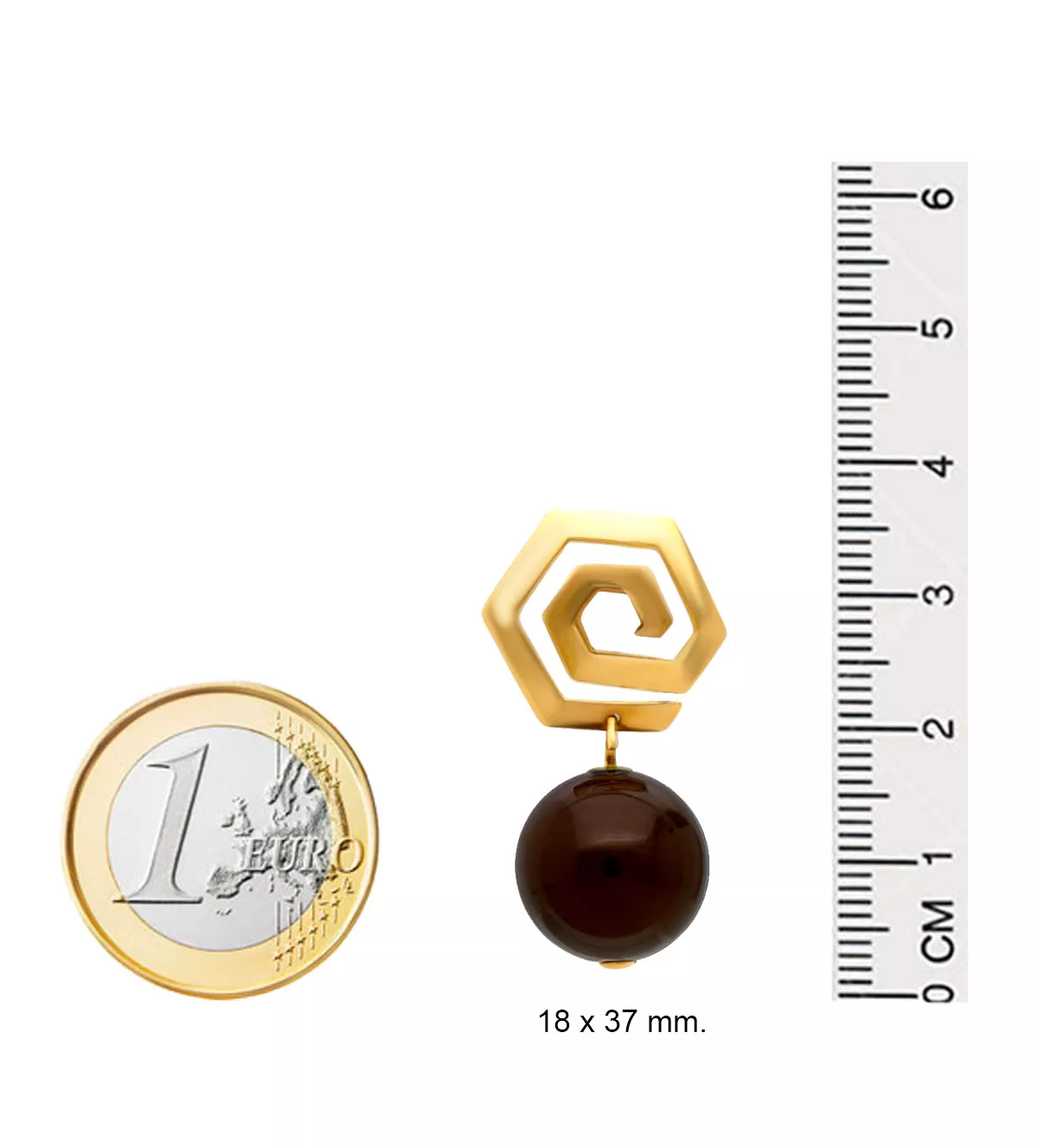 Pendientes de oro 18k "Tribal" pendientes de oro amarillo y bolas ojo de tigre oscuro foto con medidas