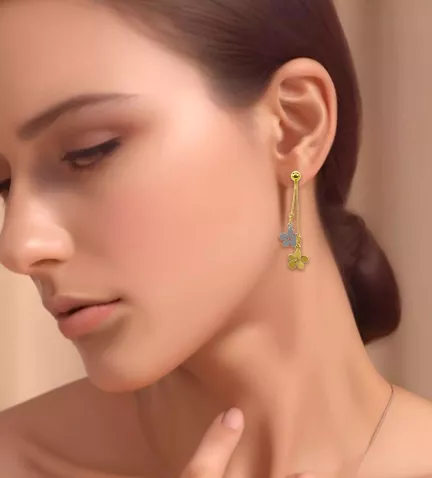 pendientes de oro largos bicolore floral foto modelo