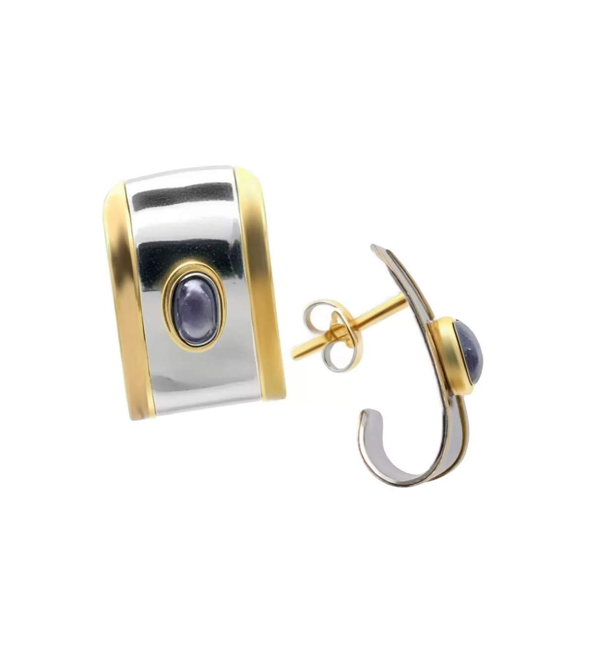 Pendientes de oro y acero con zafiro azul ESCUDO pendientes de oro y acero con zafiro ESCUDO detalle presion