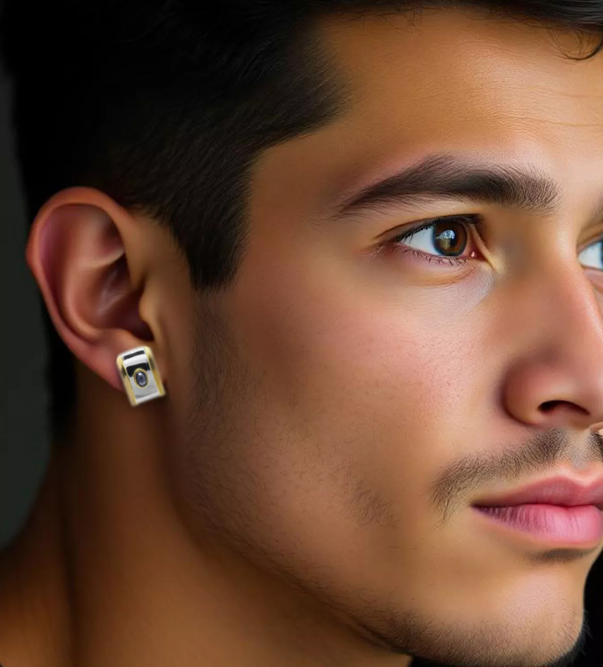 Pendientes de oro y acero con zafiro azul ESCUDO pendientes de oro y acero con zafiro ESCUDO toma modelo hombre IA