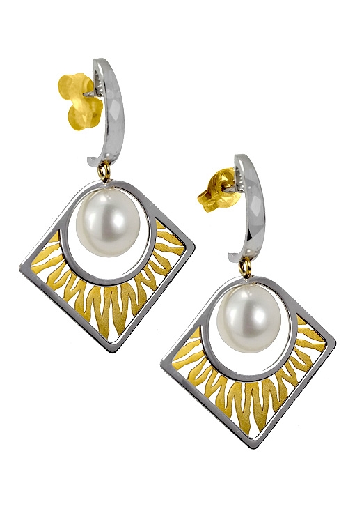 Pendientes largos oro bicolor 18k con perlas 095_436865 Pendientes oro ley y para novia Perlas cultivadas a precios baratos para venta online 095_436865