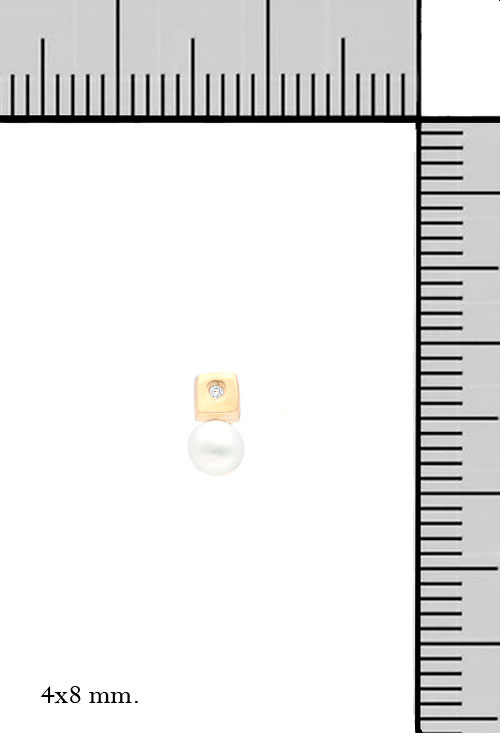 Pendientes oro con diamante y perla para niña 099_1482 pendientes de oro amarillo 18k con diamantes y perlas cultivadas para recien nacida o bebe foto toma con medidas 099_1482_M