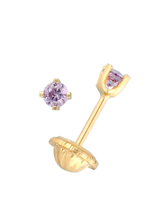 Pendientes dormilona oro amarillo para bebé nacida en junio 030_1055JN pendientes de oro para bebe cuarzos color amatista para las nacidas en junio vista lateral 030_1055JN_01