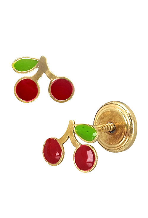 Pendientes de oro para niña cerezas 002_53228-P pendientes de oro racemo de cerezas esmaltados en colores rojo y verde foto lateral 002_53228-P_01