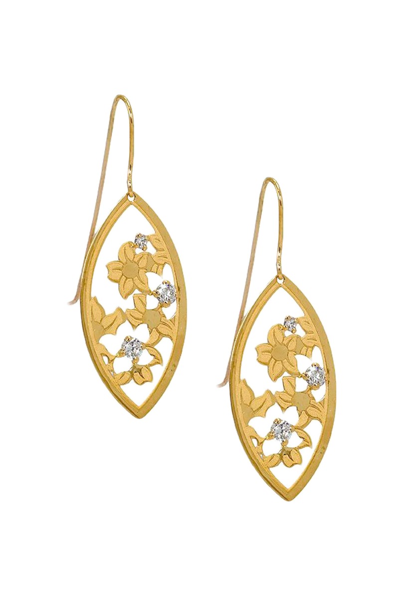 Pendientes oro amarillo 18 ktes calados y grabados laser 197_0501 pendientes largos de oro amarillo 18 ktes grabado y corte laser forma ojival vista frontal