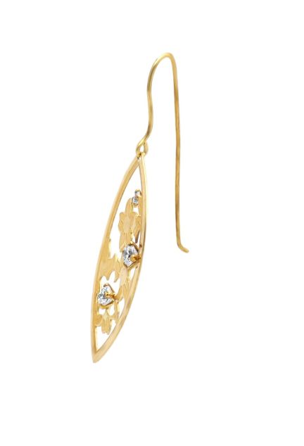 pendiente largo oro amarillo 18 ktes y circonitas forma ojival calado mate brillo motivo floral vista lateral