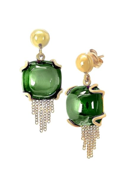pendientes largos oro amarillo 18 kilates con piedra verde cuadrada cabujon vista lateral