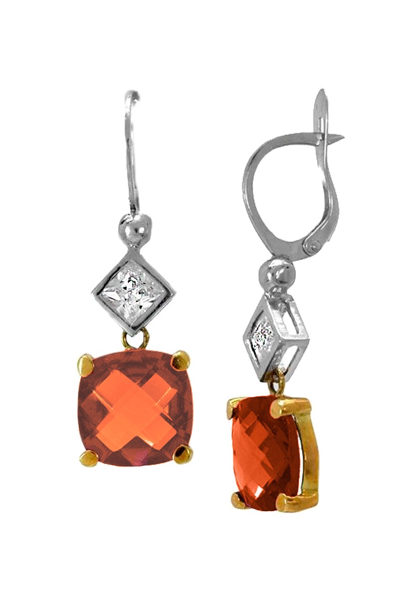 Pendientes largos oro bicolor con citrino rojo y circonita. 146_H107-CR pendientes largos de oro blanco y amarillo con cuarzo de color facetado y circon cuadrado fotografia lateral