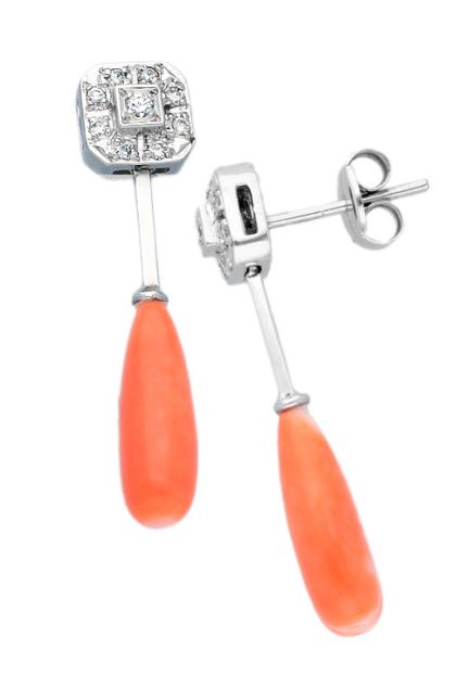 pendientes largos oro blanco 18 kilates con diamantes talla brillante y corales finos del mediterraneo precio de ocasion joyeria online foto de lado 078_F2271002PL_01