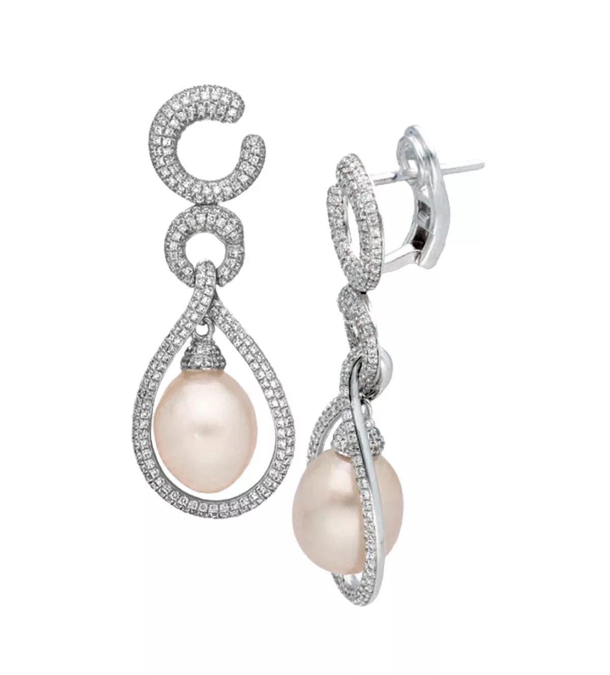 pendiente de oro blanco diamantes y perla australiana toma frontal y lateral