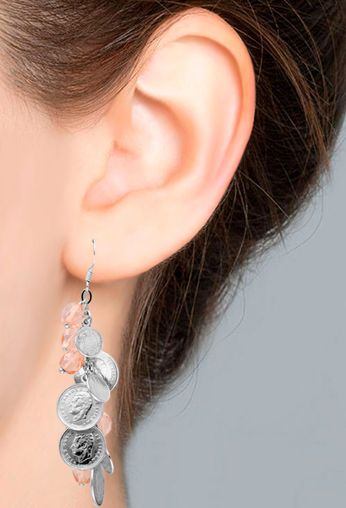 Pendientes plata, largos, con monedas y cuarzos 057_20311-0300 pendientes largos plata y cuarzos naranjas toma modelo 057_20311-0300_03