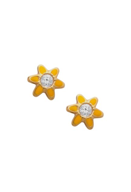 pendientes oro amarillo 18 ktes con circonita y esmalte amarillo forma de margarita vista frontal para parrilla web el rubi joyeros