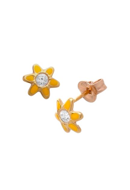 pendientes oro amarillo 18 ktes con circonita y esmalte amarillo forma de margarita vista frontal y lateral para parrilla web el rubi joyeros