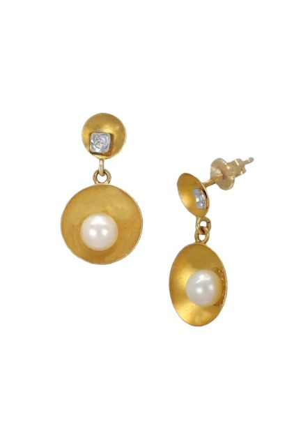 pendientes largos oro 18k con perla y circonita vista frontal lateral