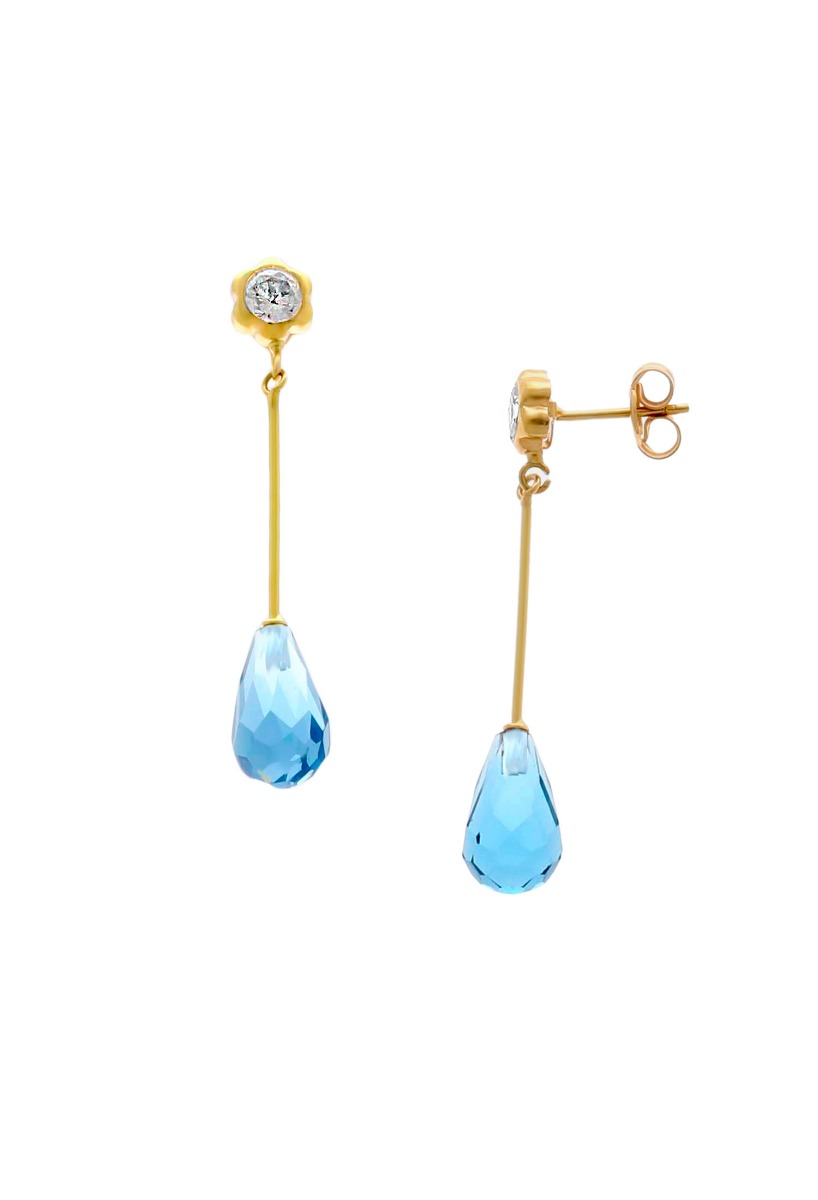 pendientes largos oro amarillo 19 ktes con topacio azul y circones vista frontal y lateral