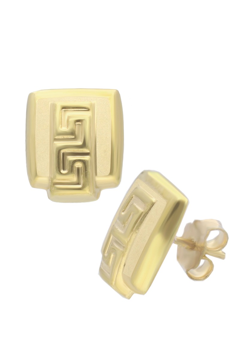 pendientes oro amarillo 18 kilates adorno greca acabado mate brillo fotografia de lateral