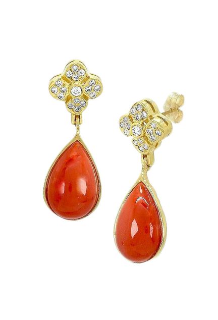 pendientes largos de oro con coral y circonitas foto frontal precio barato joyeria online 146_1285-P-OA