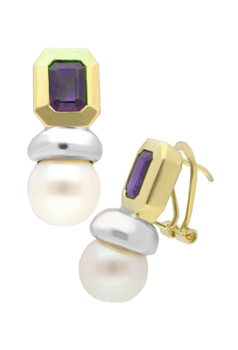 pendientes oro bicolor 18 kilates zafiro y perla cultivada foto de lado