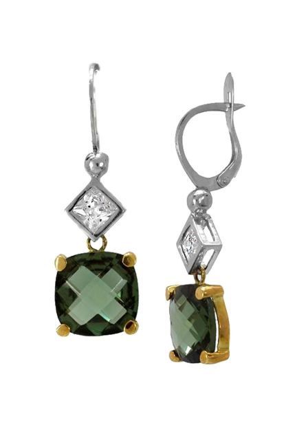 pendiente largos oro bicolor blanco y amarillo un cuarzo verde facetado colgando de anzuelo y circon cuadrado foto lateral