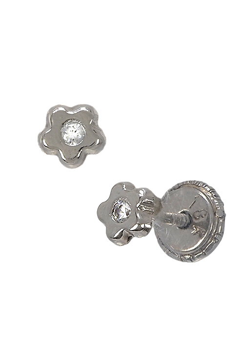Pendientes oro blanco forma flor para bebé 030_1480-B pendientes oro blanco 18 kilates con circonita para bebe foto con tuerca vista precio barato joyeria online 030_1480-B_01