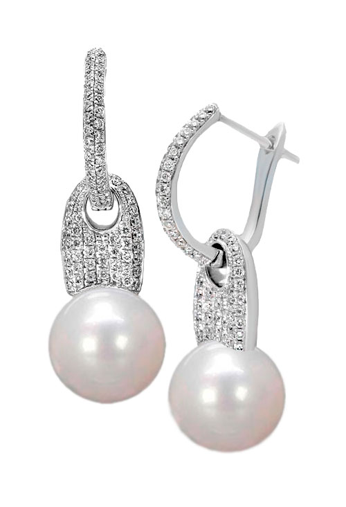 pendientes oro blanco 18 kilates con diamantes y perlas cultivadas foto lateral para la joyeria online mas barata