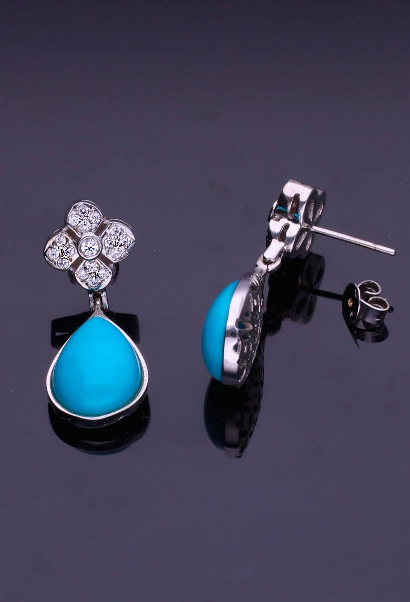Pendientes oro blanco 18 ktes con turquesas y circonitas. 146_1285-P-OB pendientes oro blanco 18k con circonitas y turquesa vista sin retoques precio muy barato joyeria online 146_1285-P-OB_02