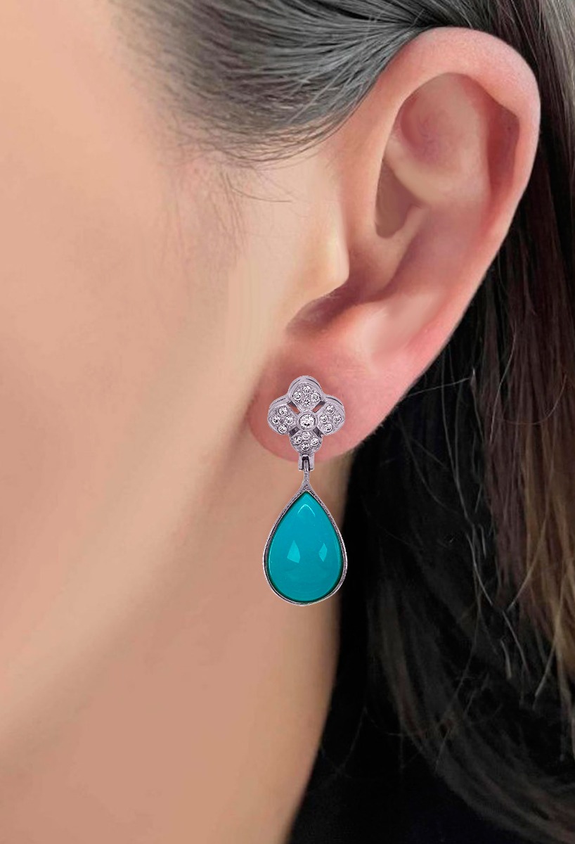 Pendientes oro blanco 18 ktes con turquesas y circonitas. 146_1285-P-OB pendientes oro blanco 18k con circonitas y turquesa vista en maniqui precio muy barato joyeria online 146_1285-P-OB_02