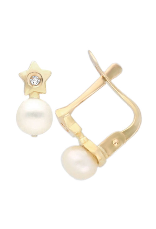 Pendientes oro con diamante para niña 099_1481 pendientes para recien nacida o nina pequena perla cultivada y diamante sobre oro amarillo 18 ktes foto de lado 099_1481_01