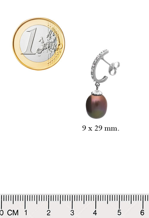 pendientes largos oro blanco 18 quilates perla cultivada marrón colgando de galeria de circonitas con sistemas de presión fotografia para web el rubi joyeros toma medida comparada